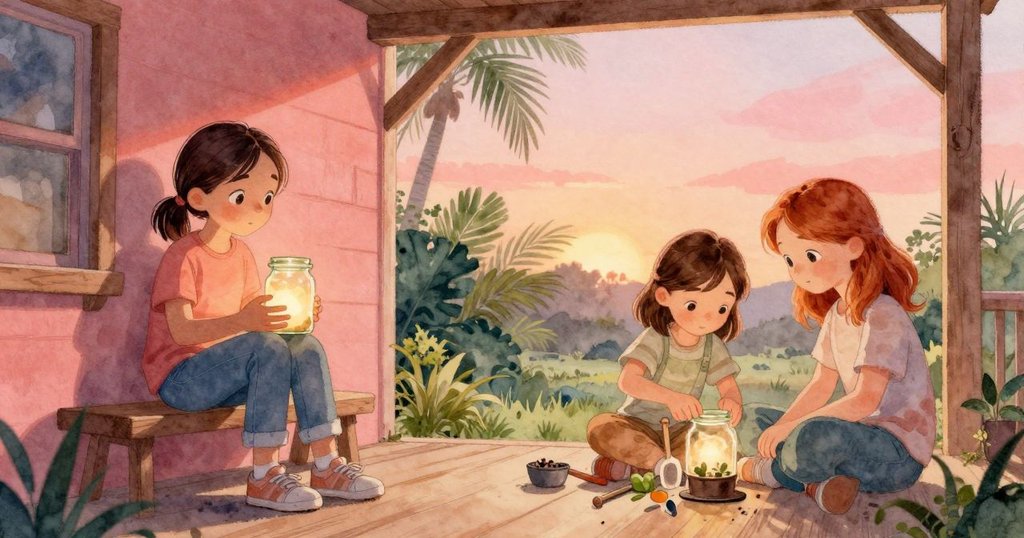 Hadley 與 Nora 在夕陽下的門廊上交會,Hadley 手持發光瓶,Nora 正整理園藝工具,環境溫馨舒適