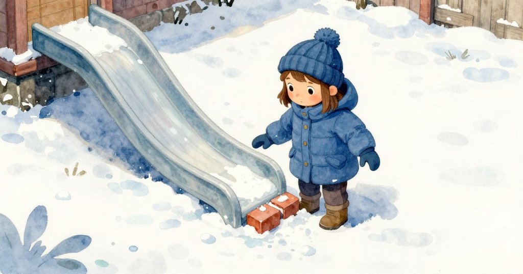 格里在雪地中翻轉模具釋放藍白磚塊，鳥瞰展現廣闊雪地、圍欄與飛舞雪花，充滿冬日靜謐氛圍