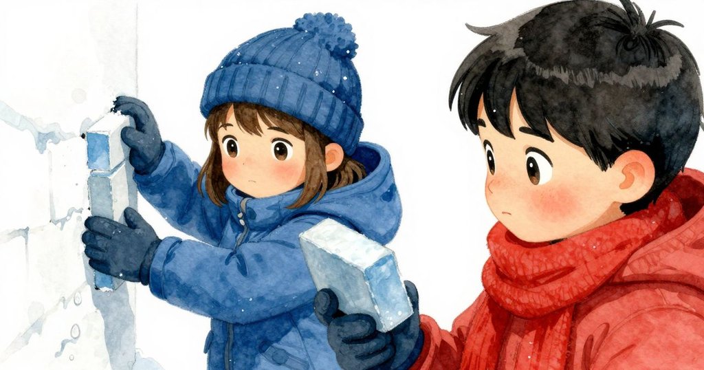 格里用濕潤手套小心拿著閃亮藍白磚，細緻測量雪堡入口間隙，畫面聚焦於磚塊細部的水珠與光澤