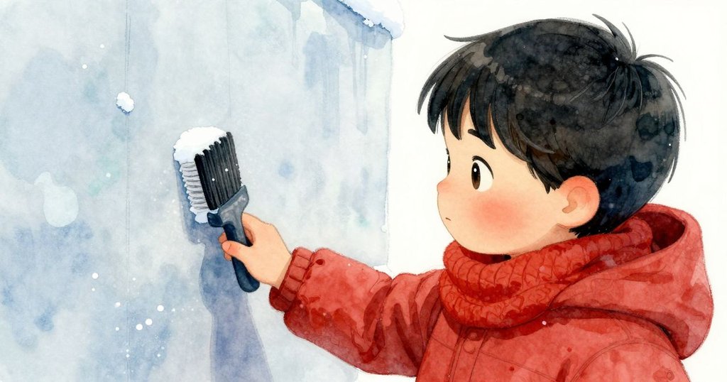 哈蒂從自己視角看向冰霜邊緣，細心用水刷過雪牆接縫，溫柔光影交錯，展現雪堡細緻工藝