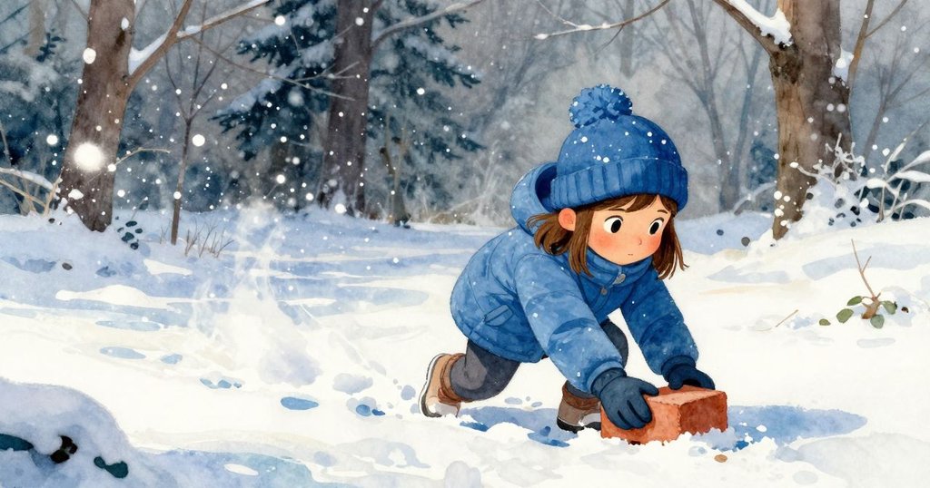 格里在閃爍雪花的庭院中從發光雪堆中取磚，背景呈現柔和冬日光輝與寧靜雪景，充滿溫暖工藝之美