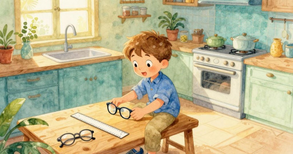 Glen在溫暖廚房中準備實驗，仔細擺放玻璃杯和尺子，表情期待且安靜，背景有柔和光線與家庭氛圍