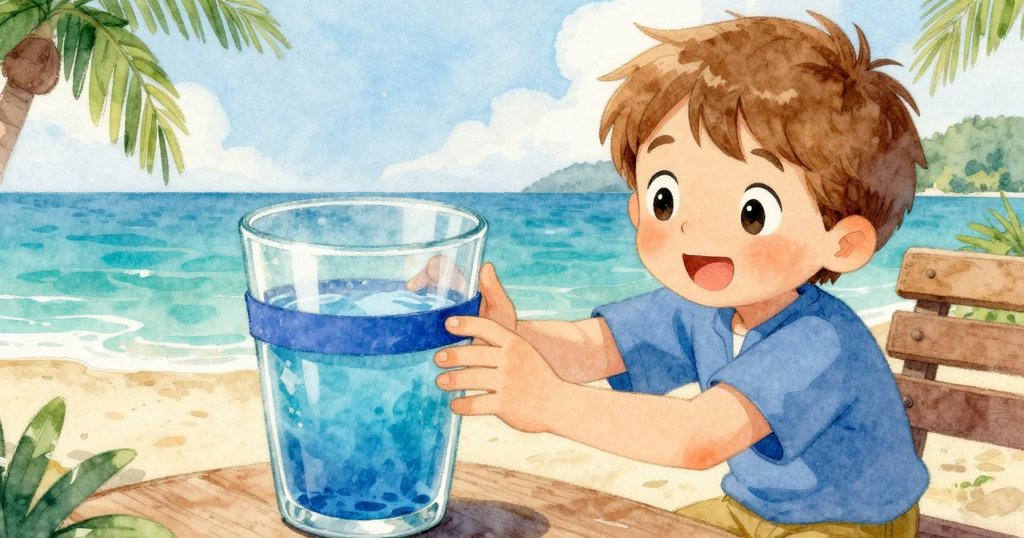 Glen輕觸藍色玻璃杯，鏡頭近距離呈現杯身藍色帶和刻度尺，充滿驚奇與細緻實驗氛圍