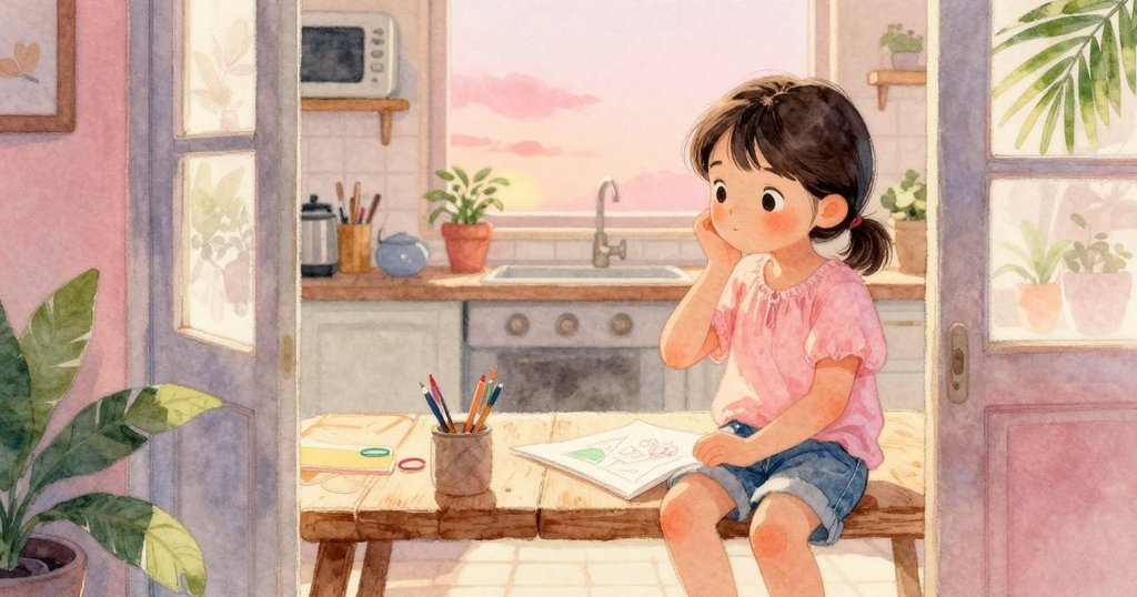 Shea在半開門後的廚房中專心繪製畫作，姿勢專注且充滿創意，室內溫暖光線輕柔灑入