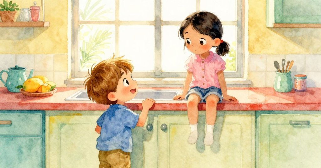 從上方俯視廚房櫃檯，紅色玻璃在窗邊陽光中散發溫暖光芒，液體散發甜蜜膠狀香氣