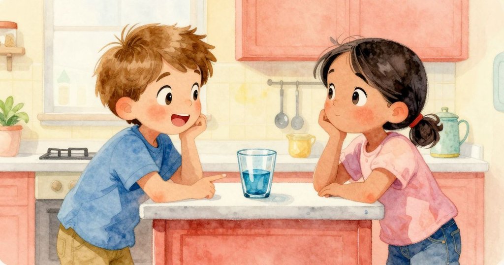 Glen興奮指向藍色樣本，Shea帶著好奇微笑相對，兩人於廚房內進行溫馨實驗討論