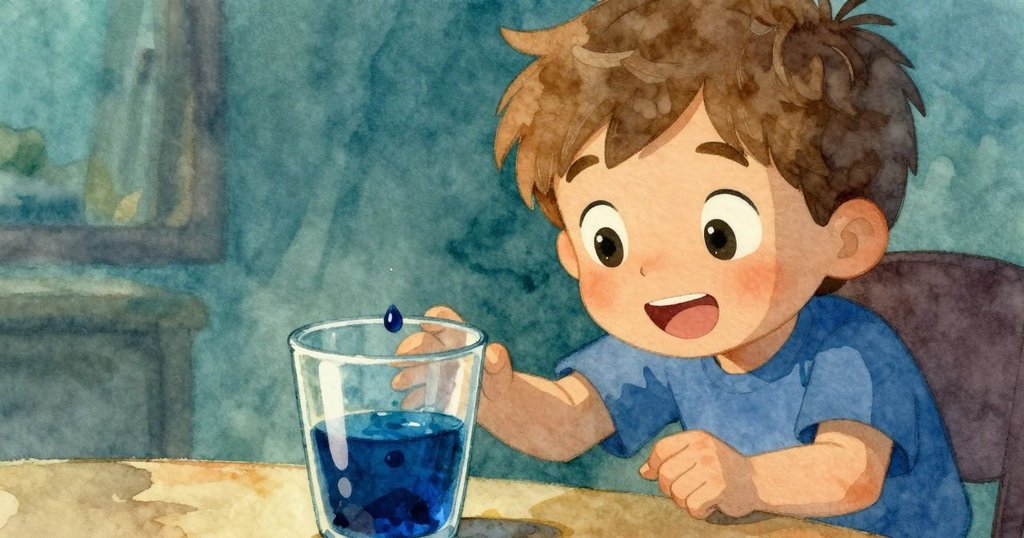 Glen靜靜觀察藍色玻璃底部深色染滴，細膩刻度線在昏黃溫光中展現實驗結局，氛圍平和滿意