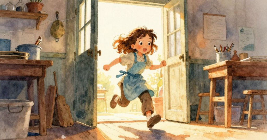 Poppy走進充滿陽光的工作室,面帶期待,老師在門旁溫柔迎接,場景展現開始的開闊溫暖感