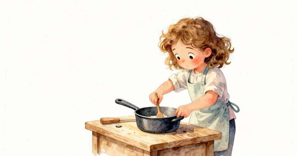 Poppy在工作台上小心放置木牌,沉重銅鍋位於中央,周圍留白強調她專注手藝的溫馨場景