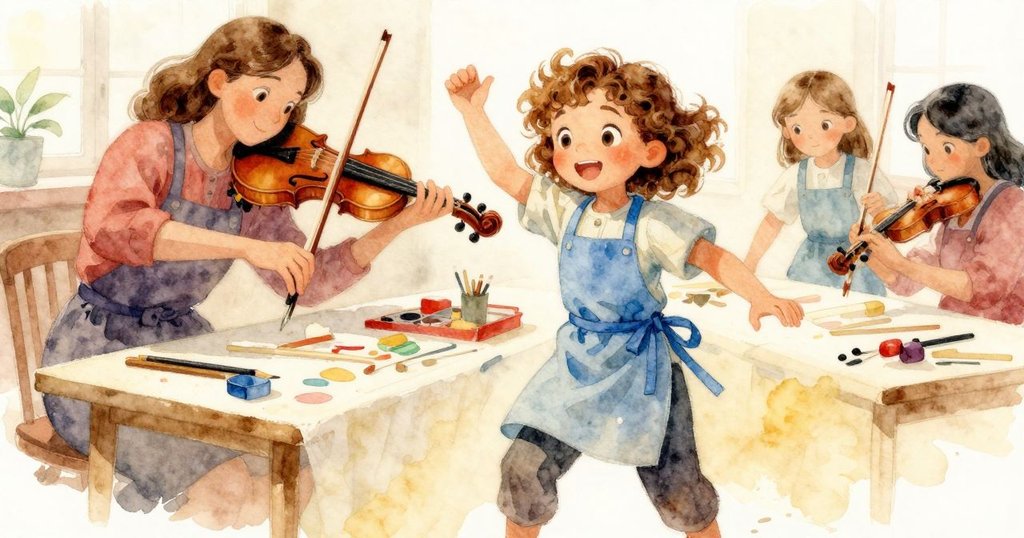 Poppy在前景中清理鋸末,後方老師示範打磨,窗外小提琴手彈奏,層次豐富的工作室展現多重故事