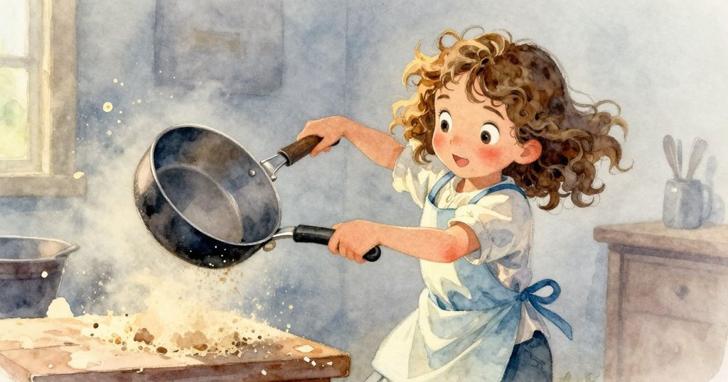 Poppy面臨挑戰努力調整沉重鍋具,鋸末隨之飛揚,她表情堅定,展現工藝奮鬥的瞬間