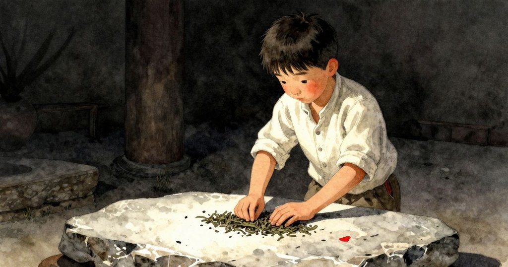 Inigo正專注操作竹勺在花崗岩桌上均勻鋪展茶葉,室內燈光投射碎影,展現開始嘗試的細膩動作