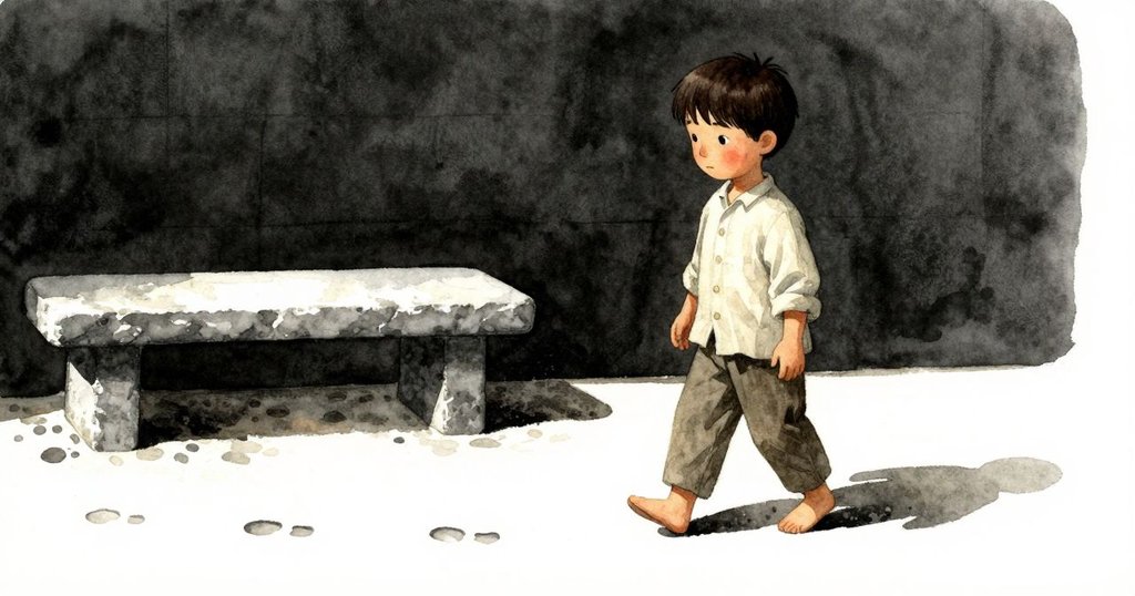 Inigo沿著石凳緩步前行,腳步印在粗糙表面,展示出專注與堅定,室內光線柔和映照其行動