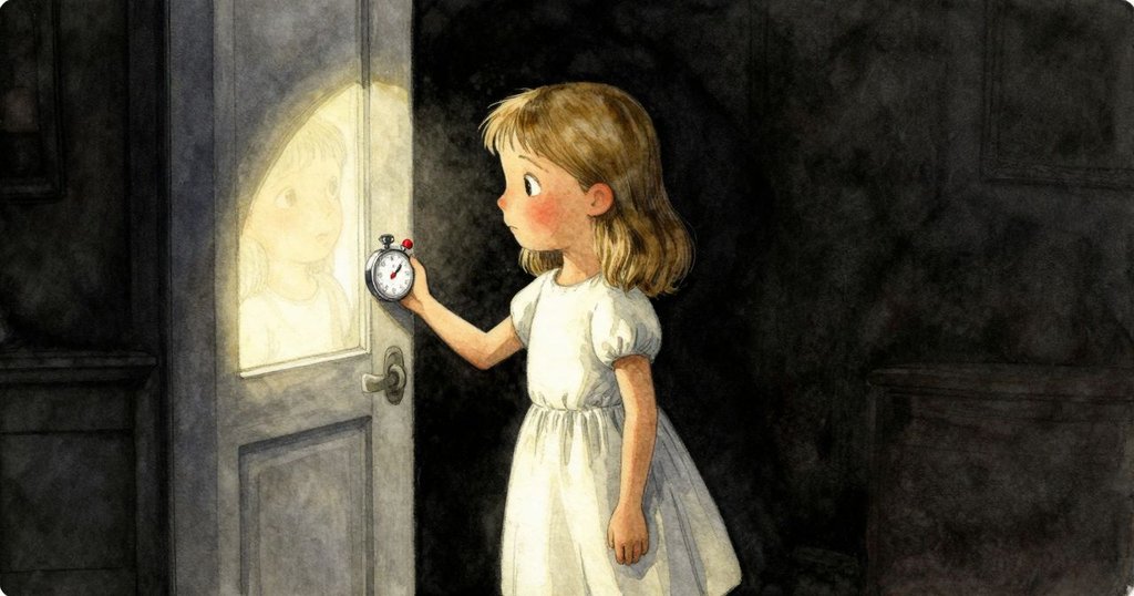 Tara站在氧化室門口,專注按下古舊秒表,背景金屬光澤與室內溫暖燈光交映顯現靜謐專注神情