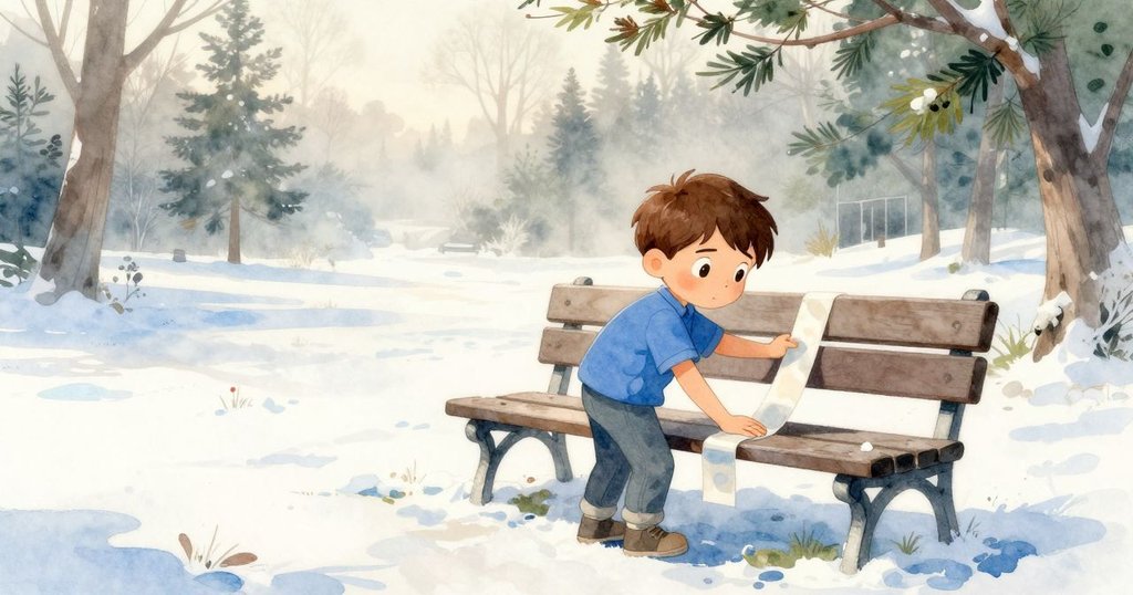 Erik 正在公園長椅上輕輕按壓膠帶，晨霧中展示他專注的神情與初綻的彩線，環境清新而柔和