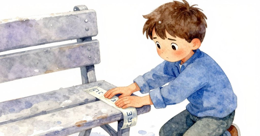 Erik 的手在細節中出現，細膩按壓膠帶於帶有痕跡的長椅扶手上，鮮豔彩線靜靜躺著