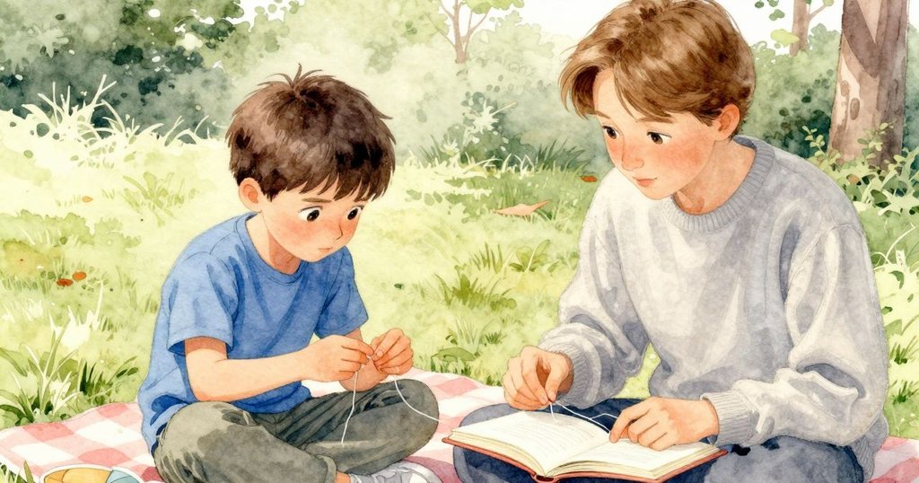 Erik 專心於修復膠帶與彩線，背景中成人躺在毛毯上閱讀，細膩光影中傳遞平靜與好奇