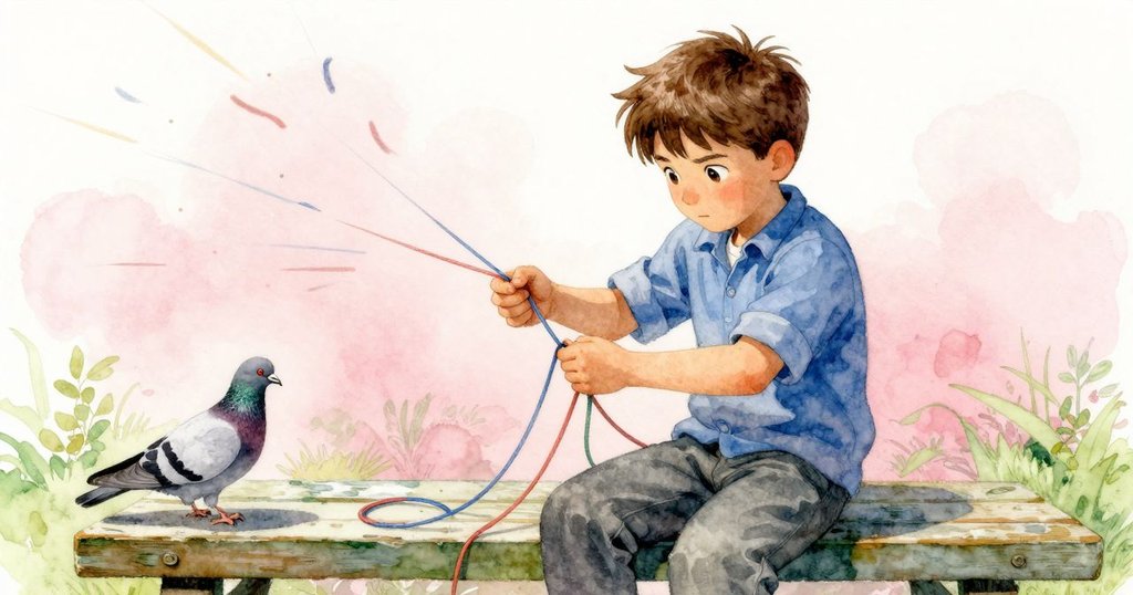 Erik 動態中綁結膠帶與彩線，風中彩線輕舞，鴿子在腳邊覓食玻璃珠，場面活力十足