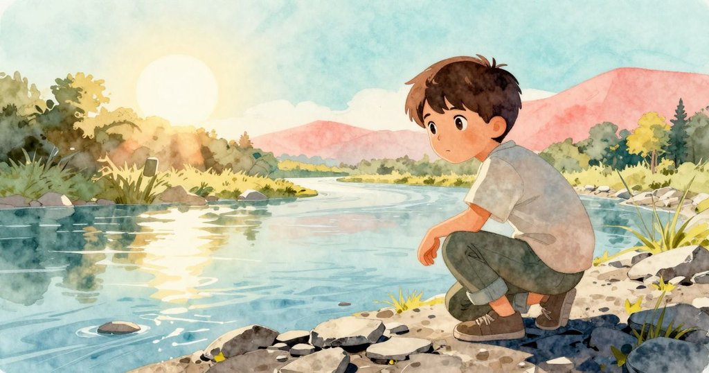 凱恩在河邊蹲下檢視石塊與板石，背景明亮，展現探索與堅毅的心情