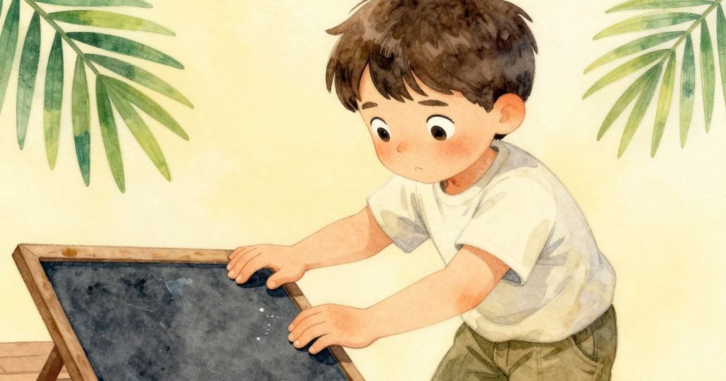 凱恩近距離專注觸摸板石，手上漂浮著細微粉末，表情充滿好奇和決心