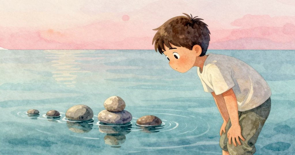 凱恩凝望水面反射出的石塔與留言板，平靜水面映出他專注與沉思的神情