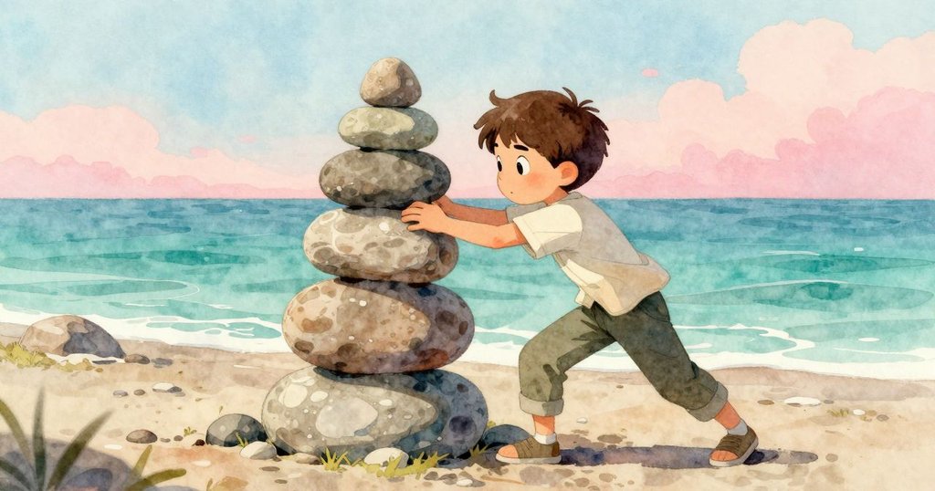 凱恩正專注調整傾斜的石塔，與留言板相依，動作充滿決心與專注，背景微風輕拂