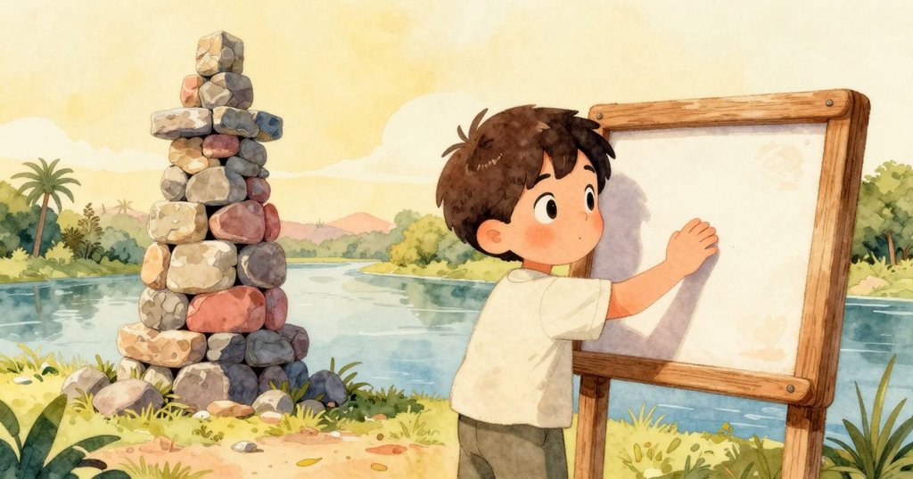 凱恩最終穩固留言板，輕拍木板慶祝成功，背景平靜河流與重新堆疊的石塔預示著更多冒險