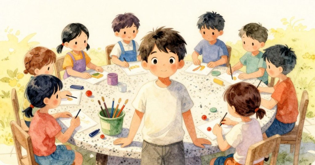 Fraser在露天工作區中忙碌,周遭有工作者與小動物出現,晨光溫暖且充滿活力,展現故事開頭。