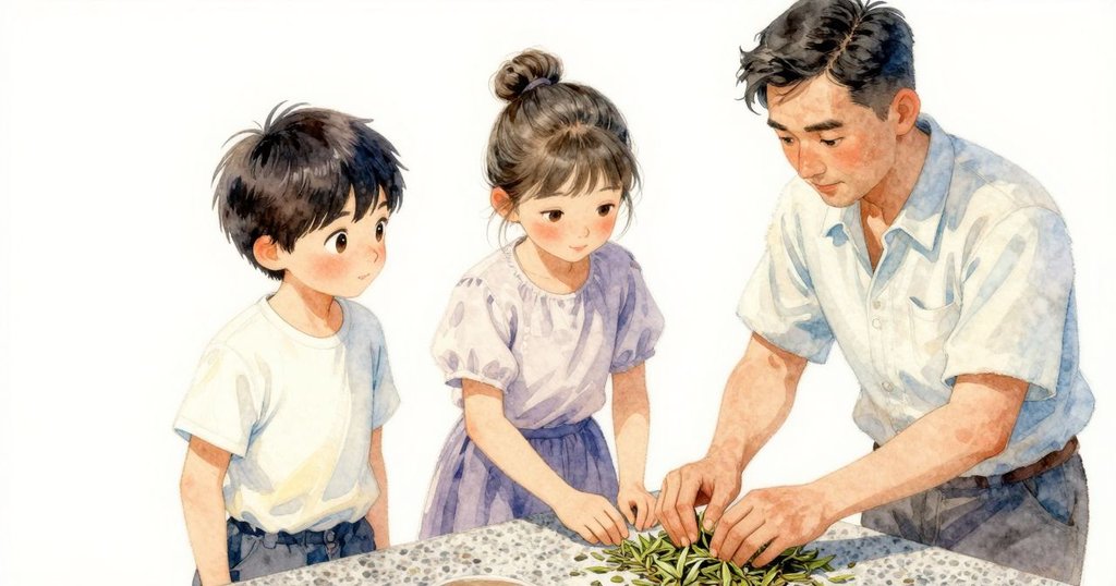 Fraser的手在花崗岩桌上輕輕按壓茶葉,細膩操作帶來溫柔而專注的氛圍,展現精心手作。