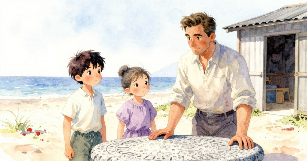 透過Fraser的視角可見雕刻精美的花崗岩桌,開放式舊棚中微風吹拂,呈現溫暖晨光下的工作環境。