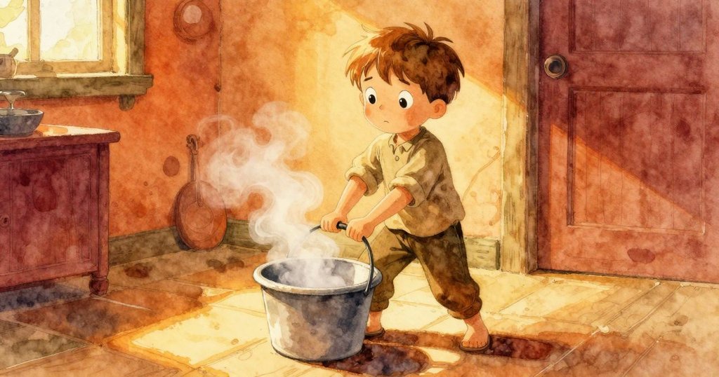文森抬起混濁的沖洗桶，蒸氣從洗盆中升起，背景有濕木板和溫暖光線，展現開始清潔情境。