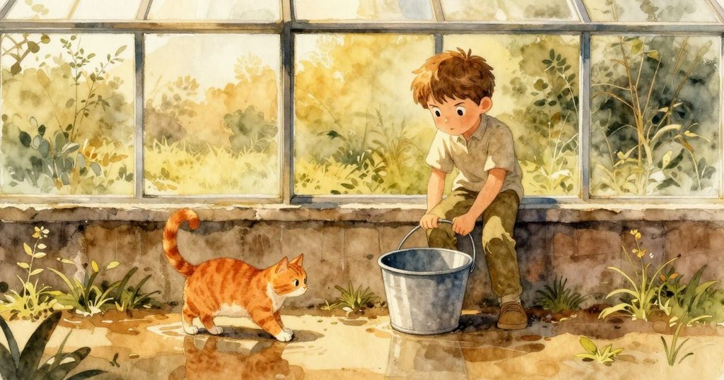 文森將桶滑向溫室窗邊，溫暖陽光灑在地面，水面映出一隻薑貓的好奇神情，展現動態轉變。