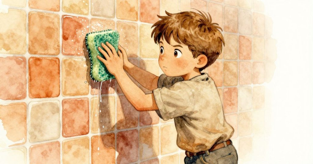 文森用綠背海綿清理冰冷瓷磚牆，表情滿是決心與疲憊，水滴順著牆面流下，呈現努力掙扎情景。