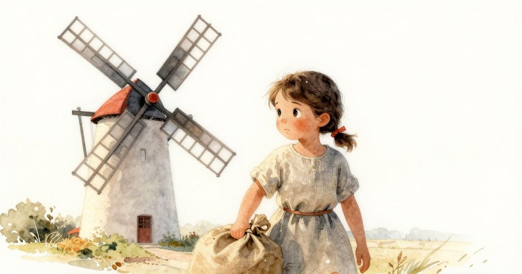 Dina正走進風車內，晨光映照下，手捧麥袋，金色粉末飛揚，謹慎的貓頭鷹在枝頭守望，開始一天的工作。