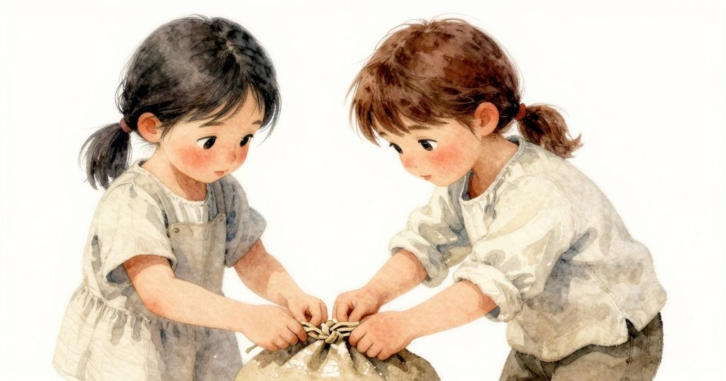 Dina的手細緻解開麥袋結，展現出麵粉與穀物的細膩質感，溫暖光線下手法專注，充滿工作韻味。