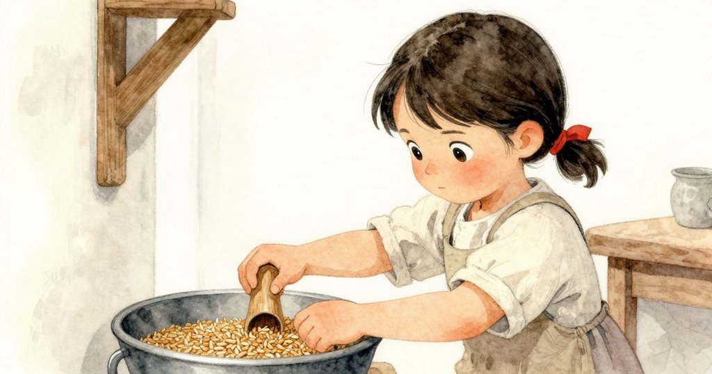 Dina專注地舀穀物進入槽中，臉上顯露決心，木製塞子依舊露出，展現出勤奮工作的決心。