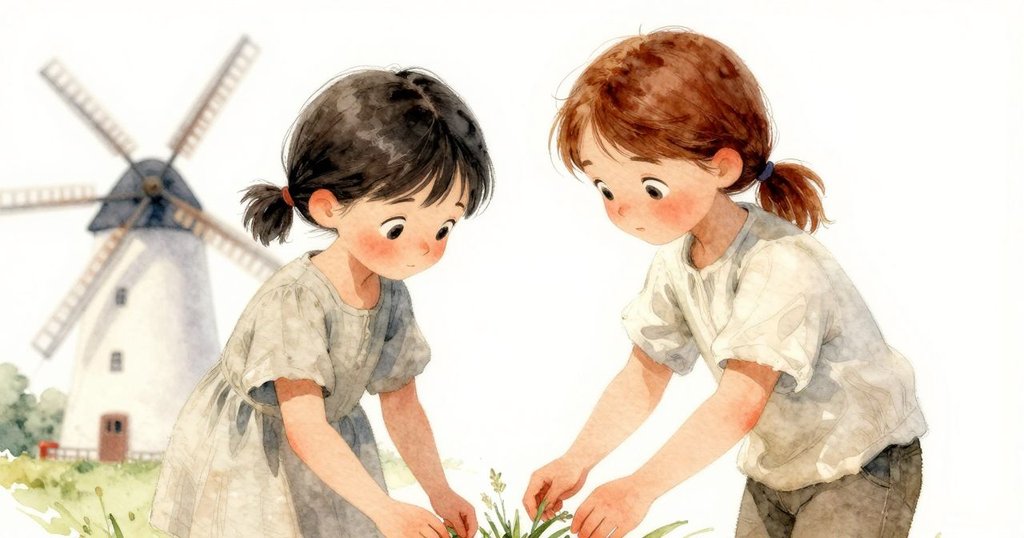 Seren走入磨坊內，溫柔微笑向Dina提出幫助，兩人互看真摯，室內穀物場景中充滿合作氛圍。