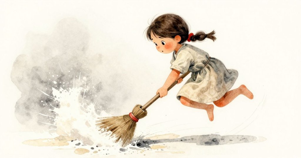 Dina在忙亂中躍起用掃帚攔截飛散的麵粉，器械顯現動態拉鋸，現場充滿緊張與迅捷的動作。