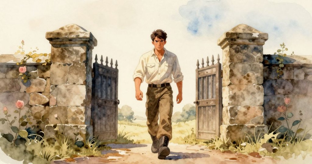 貝克特於晨光中沿濕潤泥土走向古老大門，背景有狹窄船隻，神情堅定，象徵故事開端