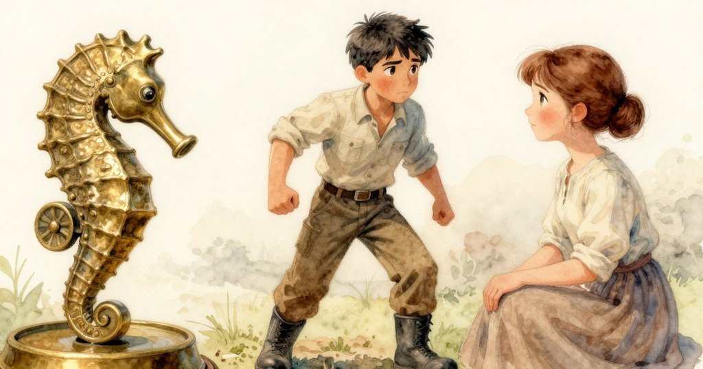 貝克特手中仔細端詳著黃銅提拉器，細節清晰展現海馬形狀與冰冷質感，展示故事進展