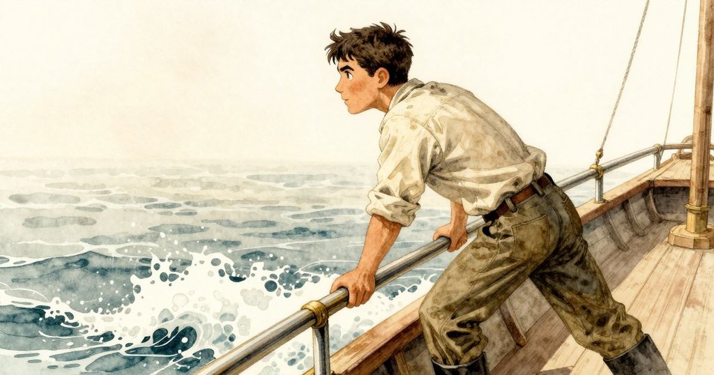 貝克特站在欄杆前，注視著傾斜小船與旋渦水花，畫面角度傾斜增添動感，展示情節發展