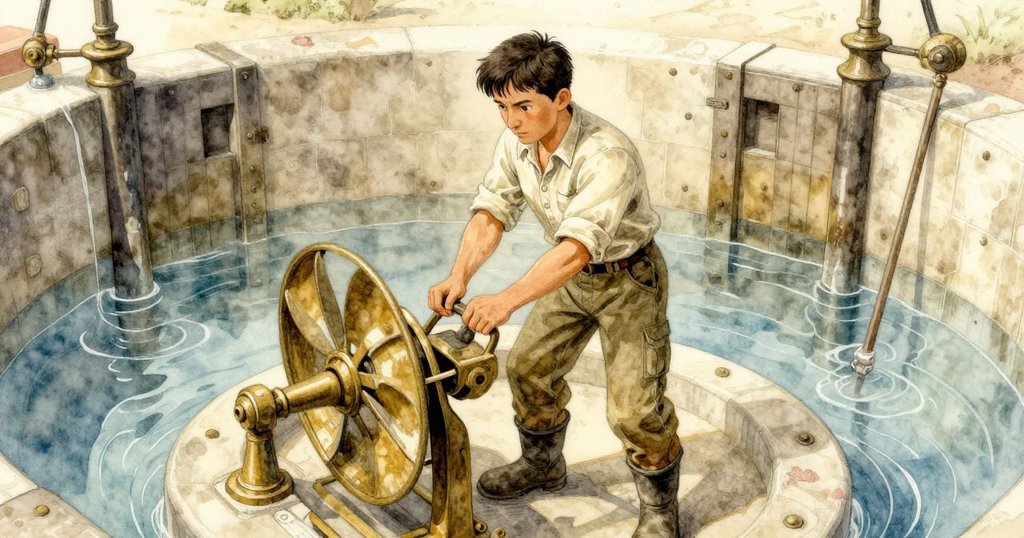 在鎖室內，貝克特專注調整舵閥，環境呈現錯落幾何與超現實水流，情節展現高潮