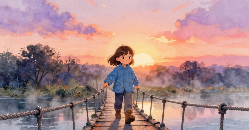 Viola正走向繩橋,晨霧輕繞,木板上留有露珠,表情堅定,背景溪流和溫暖日光營造出平靜氛圍