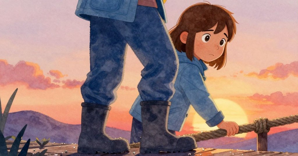 Viola的靴子踩在覆滿露珠的木板上,她伸手觸摸麻繩欄杆,細節清晰展現橋面濕潤質感與溫柔光影