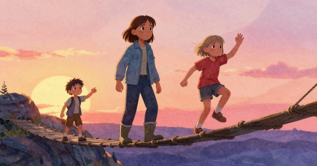 Viola正小心跨步於搖晃繩橋,一旁男孩鼓勵揮手,分割構圖呈現出緊張卻溫暖的互動