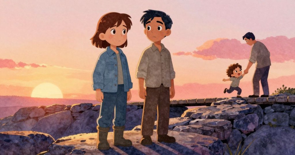 Viola踏上平坦石面,志工仔細檢查繩橋安全,旁邊小朋友興奮跳躍,場景洋溢著溫暖戶外陽光