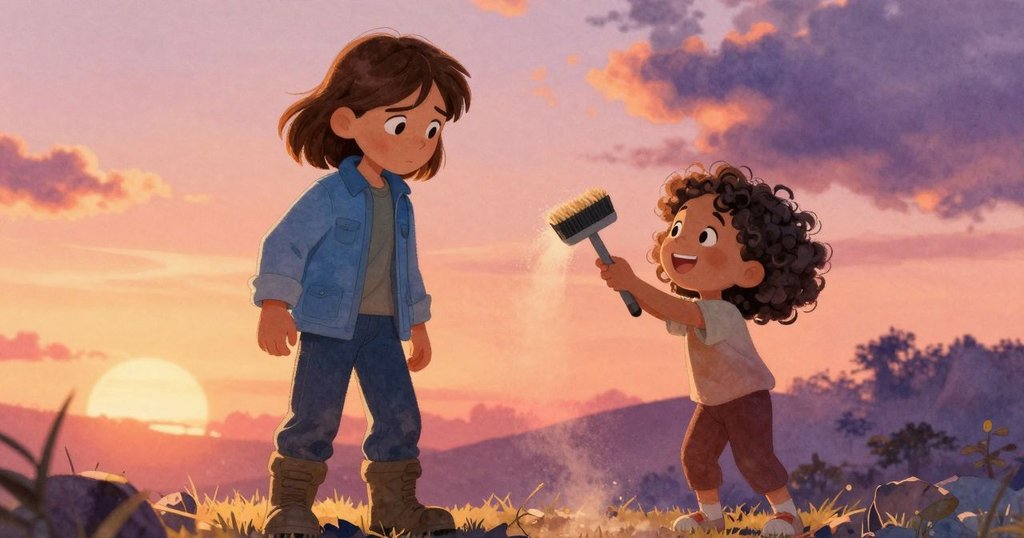 Viola輕輕拂去手中麻塵,溫柔微笑著讓位給期待過橋的朋友,場景充滿黃昏柔光與溫暖交接