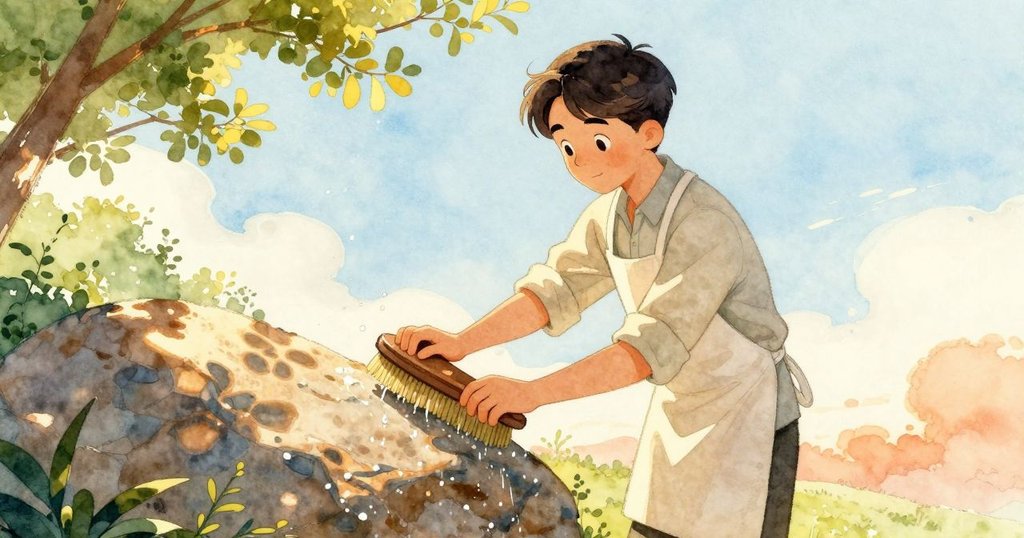 Selwyn 在戶外推動石桌並刷去露水，陽光與陰影交錯，神情專注，場景充滿溫暖對比