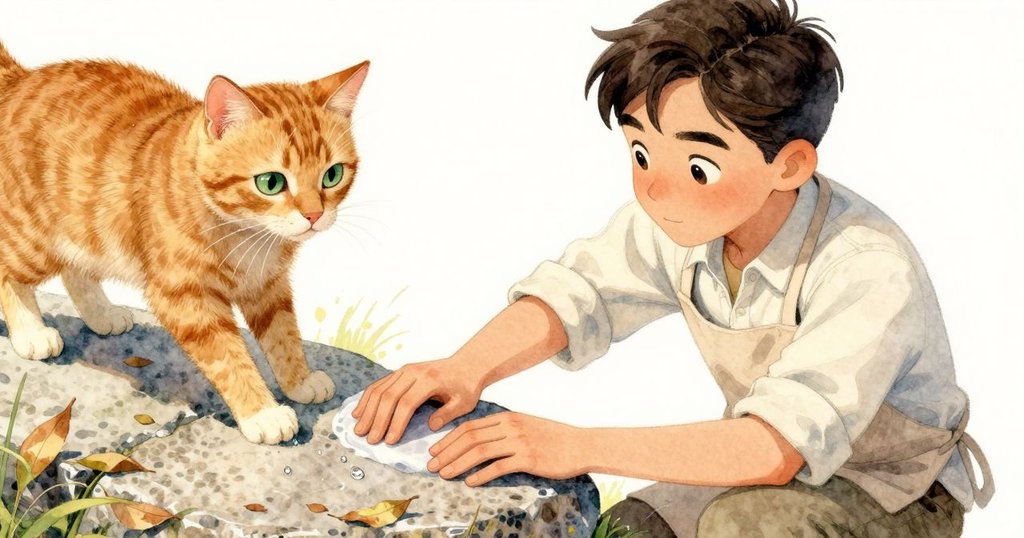 Selwyn 的手正輕拭石面水珠，石頭紋理清晰可見，周圍散落枯葉，晨光柔和灑落