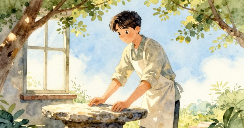 Selwyn在樹枝間的自然光窗下推動石桌，陽光灑落在石面上，麻雀好奇停在旁邊，情境活潑